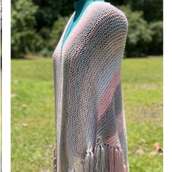 Handmade Hand Crafted Knit Triangle Shawl with tassels pink gray shawl - Picture 2 of 5